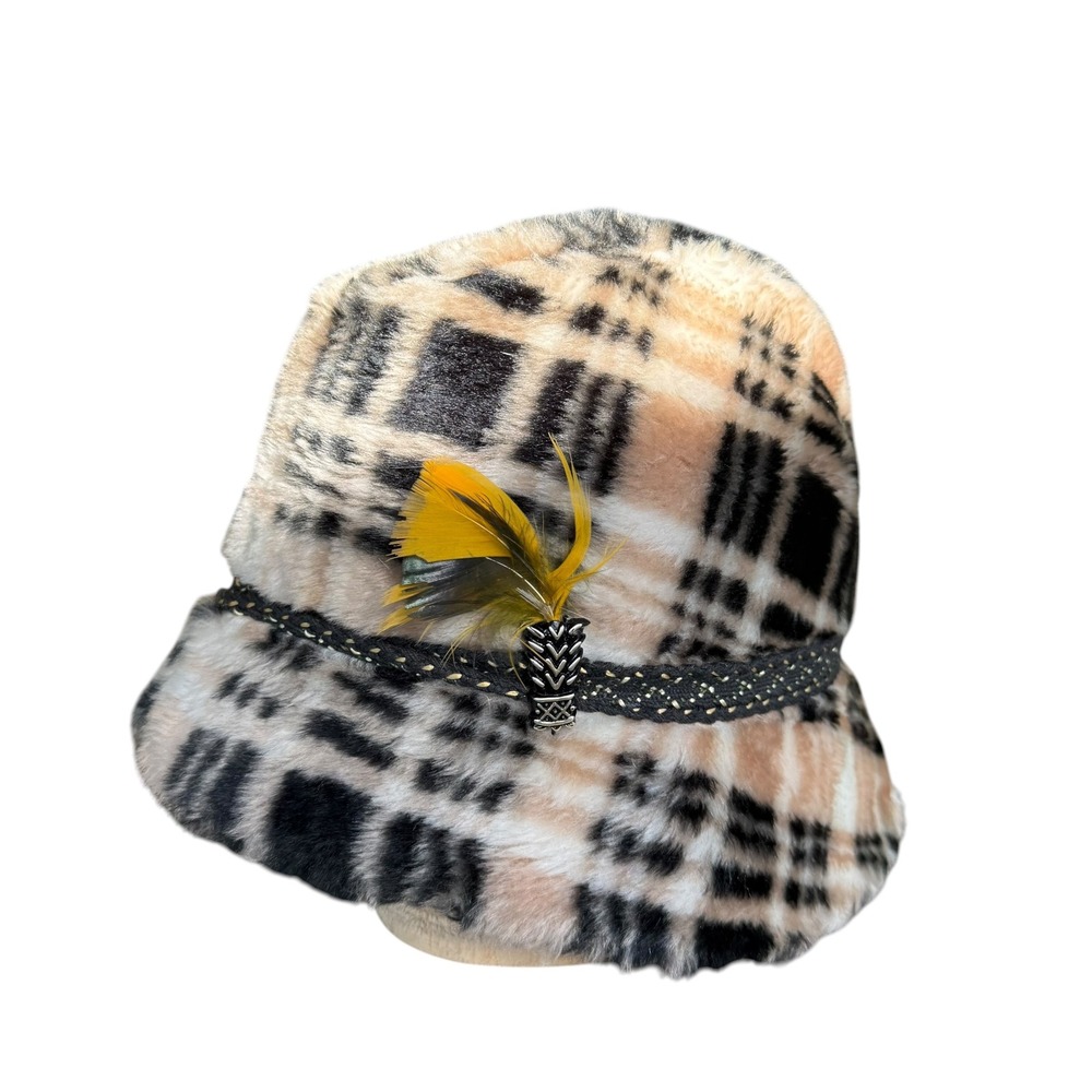 Vintage Faux Fur Plaid Bucket Hat Tan Black Feather Pineapple Pin Large